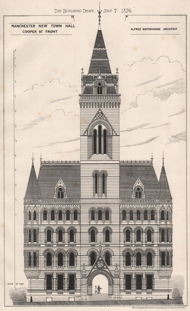 Manchester New Town Hall, Cooper St. front; Alfred Waterhouse 1876 old print